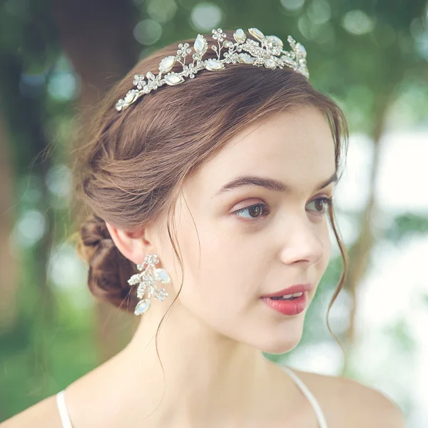 Mooie / Prachtige Zilveren Bruidssieraden 2020 Metaal Rhinestone Tiara Oorbellen Bruids Haaraccessoires