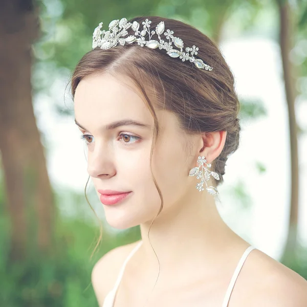 Mooie / Prachtige Zilveren Bruidssieraden 2020 Metaal Rhinestone Tiara Oorbellen Bruids Haaraccessoires