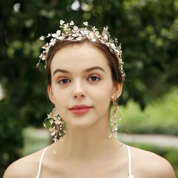 Eleganckie Złote Biżuteria Ślubna 2020 Stop Rhinestone Kwiat Ozdoby Do Włosów Kolczyki Ozdoby Do Włosów Ślubne