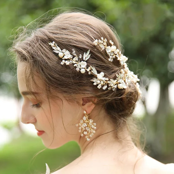 Charming Gold Bridal Jewelry 2020 Alloy Beading Pearl Rhinestone Earrings Bridal Hair Accessories