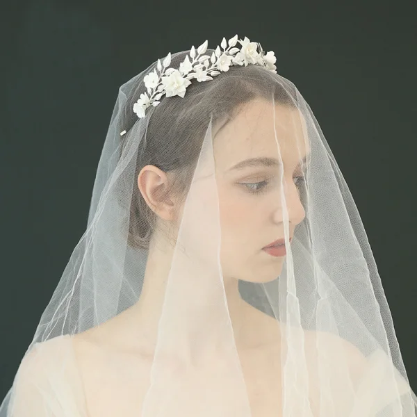 Chic / Beautiful Silver Wedding Headpieces 2020 Metal Pearl Flower Bridal Hair Accessories