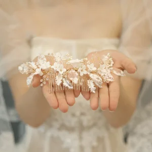 Elegante Gold Hochzeit Kamm 2020 Metall Kristall Blumen Perle Haarschmuck Braut