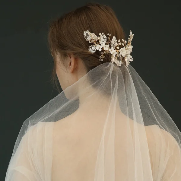 Eleganta Guld Bröllop Hårkam 2020 Metall Kristall Blomma Pärla Brud Huvudbonad