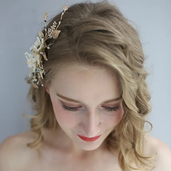 Chic / Beautiful Gold Bridal Hair Accessories 2020 Metal Pearl Rhinestone Wedding Headpieces