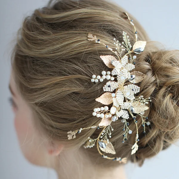 Chic / Beautiful Gold Bridal Hair Accessories 2020 Metal Pearl Rhinestone Wedding Headpieces