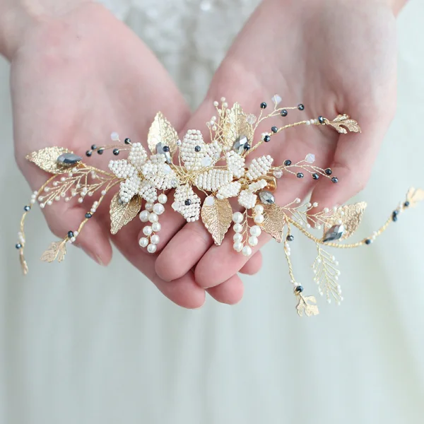 Chic / Beautiful Gold Bridal Hair Accessories 2020 Metal Pearl Rhinestone Wedding Headpieces