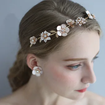 Elegant Gold Flower Wedding Headpieces Earrings 2020 Metal Rhinestone Bridal Hair Accessories