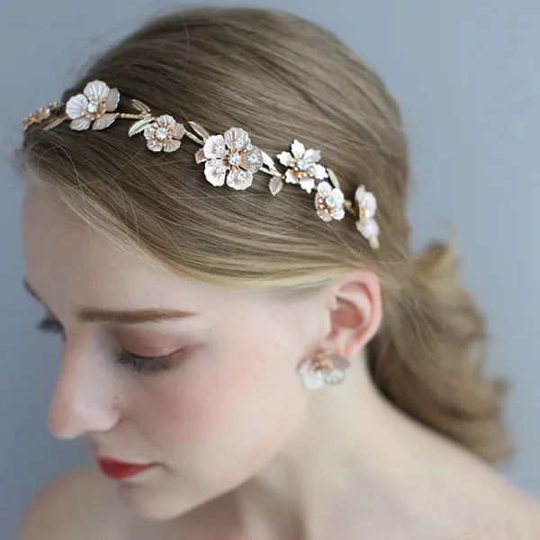 Élégant Doré Fleur Mariage Accessoire Cheveux Boucles D'Oreilles 2020 Métal Faux Diamant Accessoire Cheveux Mariage