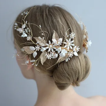 Élégant Doré Accessoire Cheveux Mariage 2020 Feuille Métal Cristal Fleur Mariage Accessoire Cheveux