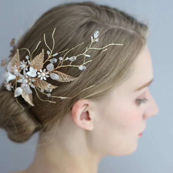 Elegant Gold Bridal Hair Accessories 2020 Leaf Metal Crystal Flower Wedding Headpieces