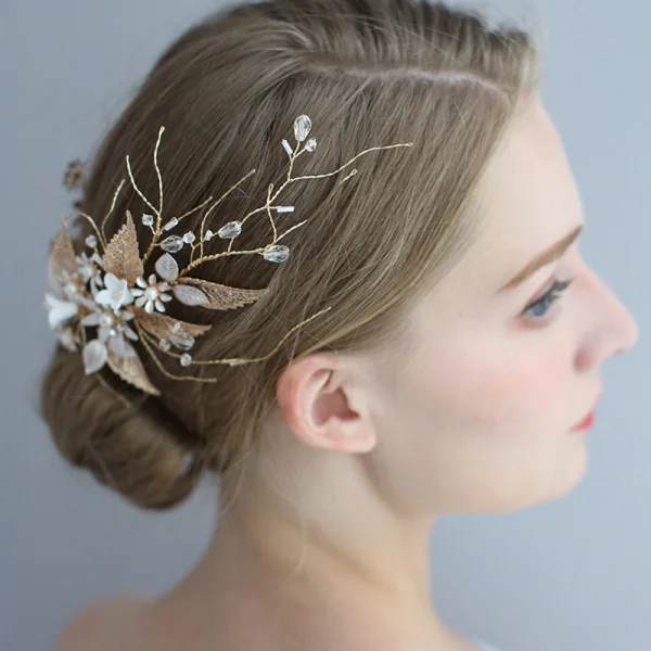 Elegant Gold Bridal Hair Accessories 2020 Leaf Metal Crystal Flower Wedding Headpieces