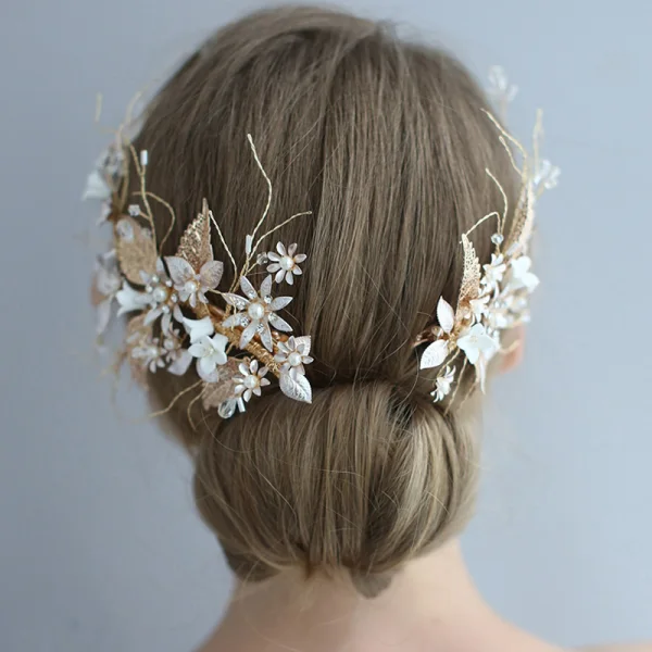 Elegant Gold Bridal Hair Accessories 2020 Leaf Metal Crystal Flower Wedding Headpieces