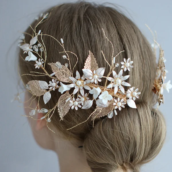 Elegant Gold Bridal Hair Accessories 2020 Leaf Metal Crystal Flower Wedding Headpieces