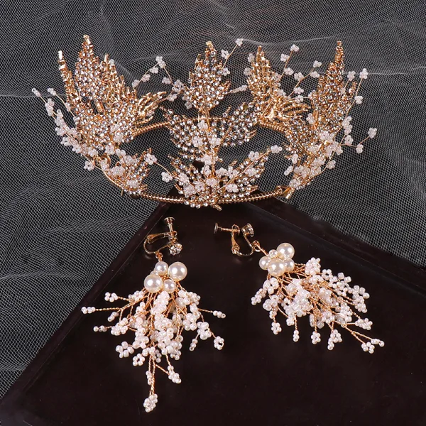 Transparent Gold Bridal Jewelry 2020 Metal Beading Rhinestone Tiara Earrings Bridal Hair Accessories