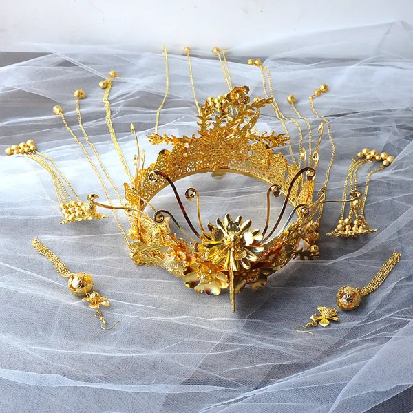 Chinese style Gold Bridal Jewelry 2020 Metal Pearl Tassel Tiara Earrings Bridal Hair Accessories