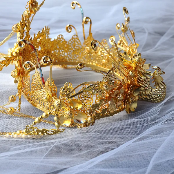 Chiński Styl Złote Biżuteria Ślubna 2020 Metal Perła Kutas Tiara Kolczyki Ozdoby Do Włosów Ślubne