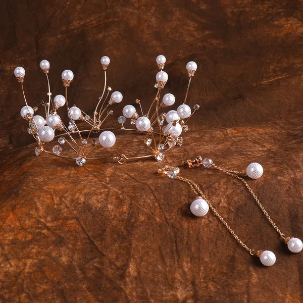 Piękne Złote Biżuteria Ślubna 2020 Metal Perła Kryształ Rhinestone Kolczyki Tiara Ozdoby Do Włosów Ślubne