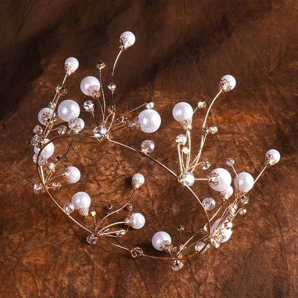 Piękne Złote Biżuteria Ślubna 2020 Metal Perła Kryształ Rhinestone Kolczyki Tiara Ozdoby Do Włosów Ślubne