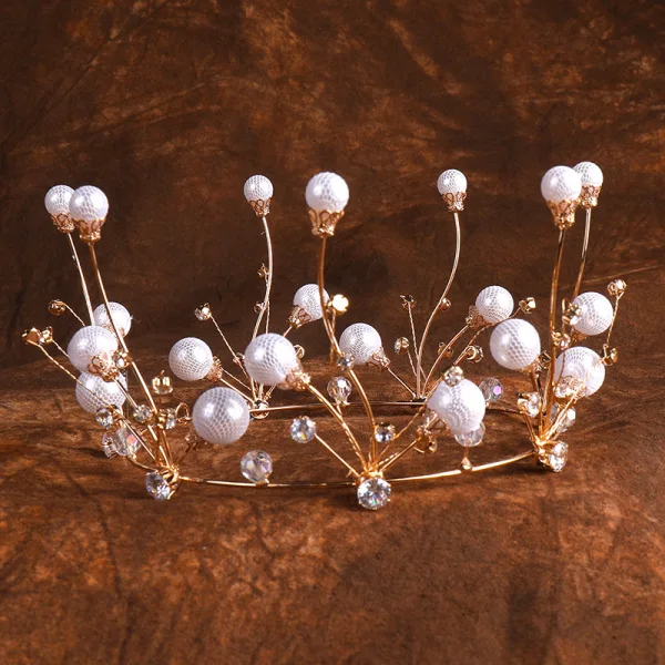 Piękne Złote Biżuteria Ślubna 2020 Metal Perła Kryształ Rhinestone Kolczyki Tiara Ozdoby Do Włosów Ślubne