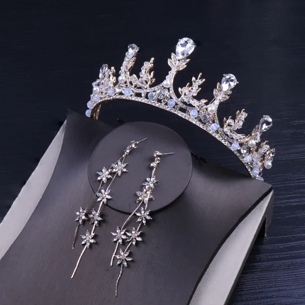 Elegancka Srebrny Biżuteria Ślubna 2020 Metal Perła Rhinestone Tiara Kolczyki Ozdoby Do Włosów Ślubne