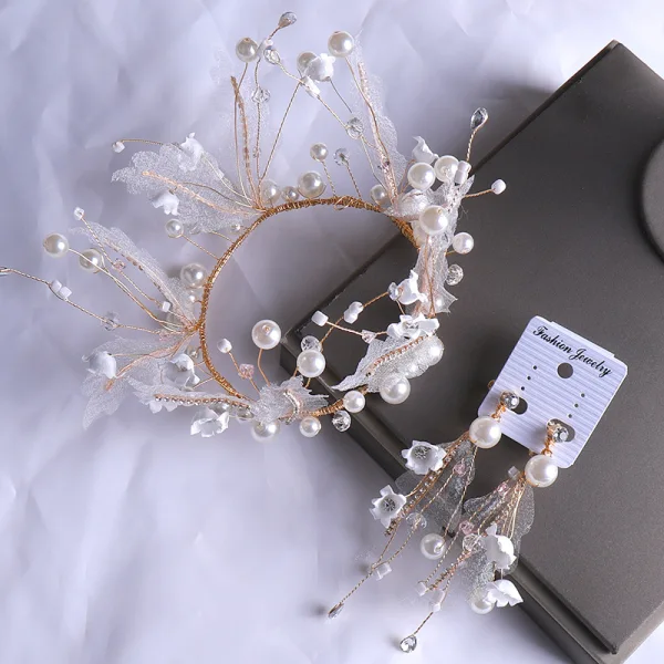 Chic / Beautiful Gold Bridal Jewelry 2020 Metal Tulle Pearl Flower Earrings Tiara Bridal Hair Accessories