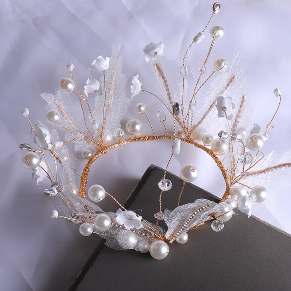 Chic / Beautiful Gold Bridal Jewelry 2020 Metal Tulle Pearl Flower Earrings Tiara Bridal Hair Accessories