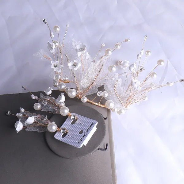 Chic / Beautiful Gold Bridal Jewelry 2020 Metal Tulle Pearl Flower Earrings Tiara Bridal Hair Accessories