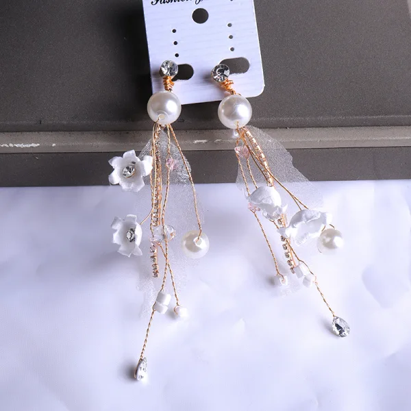 Chic / Beautiful Gold Bridal Jewelry 2020 Metal Tulle Pearl Flower Earrings Tiara Bridal Hair Accessories