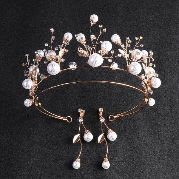Chic / Beautiful Gold Bridal Jewelry 2020 Metal Rhinestone Pearl Earrings Tiara Bridal Hair Accessories