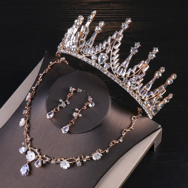 Vintage / Originale Doré Bijoux Mariage 2020 Métal Faux Diamant Boucles D'Oreilles Tiare Accessoire Cheveux Mariage