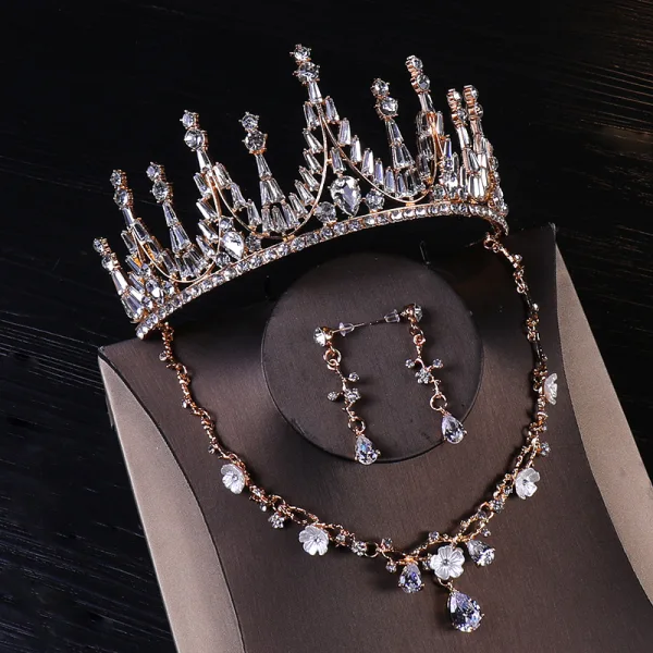 Vintage / Originale Doré Bijoux Mariage 2020 Métal Faux Diamant Boucles D'Oreilles Tiare Accessoire Cheveux Mariage