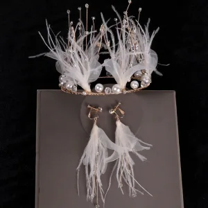 Bloemenfee Goud Bruidssieraden 2020 Metaal Kralen Parel Rhinestone Veer Tiara Oorbellen Bruids Haaraccessoires
