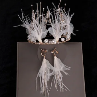 Flower Fairy Gold Bridal Jewelry 2020 Metal Beading Pearl Rhinestone Feather Tiara Earrings Bridal Hair Accessories