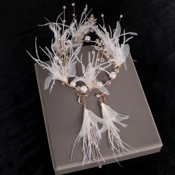 Fée Des Fleurs Doré Bijoux Mariage 2020 Métal Perlage Perle Faux Diamant Plumes Tiare Boucles D'Oreilles Accessoire Cheveux Mariage