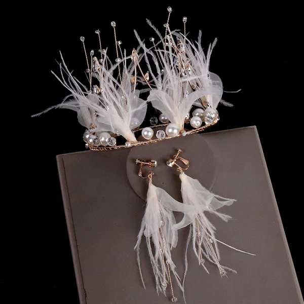 Fée Des Fleurs Doré Bijoux Mariage 2020 Métal Perlage Perle Faux Diamant Plumes Tiare Boucles D'Oreilles Accessoire Cheveux Mariage