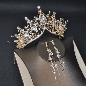 Classic Gold Bridal Jewelry 2020 Metal Beading Rhinestone Tiara Flower Tassel Earrings Bridal Hair Accessories