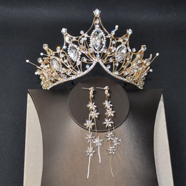 Klassisk Gull Brudesmykker 2020 Metall Beading Rhinestone Tiara Blomst Dusk Øredobber Har Tilbehor
