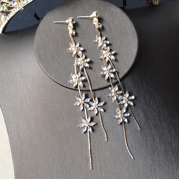 Klassisk Gull Brudesmykker 2020 Metall Beading Rhinestone Tiara Blomst Dusk Øredobber Har Tilbehor