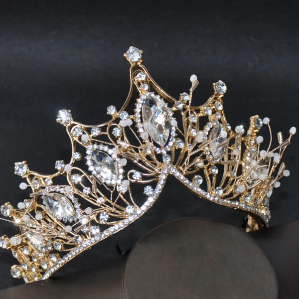 Klassisk Gull Brudesmykker 2020 Metall Beading Rhinestone Tiara Blomst Dusk Øredobber Har Tilbehor