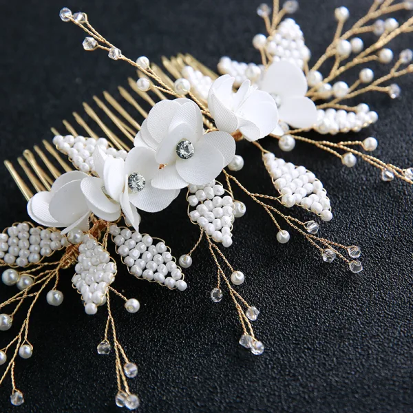 Snygga / Fina Guld Hårkam 2020 Metall Beading Pärla Blomma Brud Huvudbonad