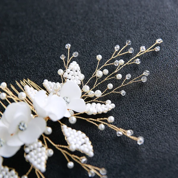 Snygga / Fina Guld Hårkam 2020 Metall Beading Pärla Blomma Brud Huvudbonad