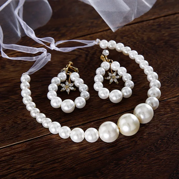 Chic / Beautiful Ivory Pearl Wedding Headbands 2020 Lace-up Earrings Headpieces Bridal Jewelry