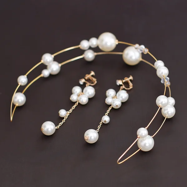 Chic / Belle Doré Bijoux Mariage 2020 Métal Perle Cerceau de cheveux Gland Boucles D'Oreilles Accessoire Cheveux Mariage
