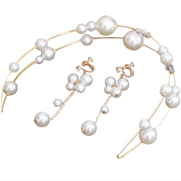 Chic / Belle Doré Bijoux Mariage 2020 Métal Perle Cerceau de cheveux Gland Boucles D'Oreilles Accessoire Cheveux Mariage