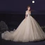 Luxury / Gorgeous Champagne Bridal Wedding Dresses 2020 Ball Gown Off-The-Shoulder Short Sleeve Backless Beading Glitter Tulle Chapel Train Ruffle