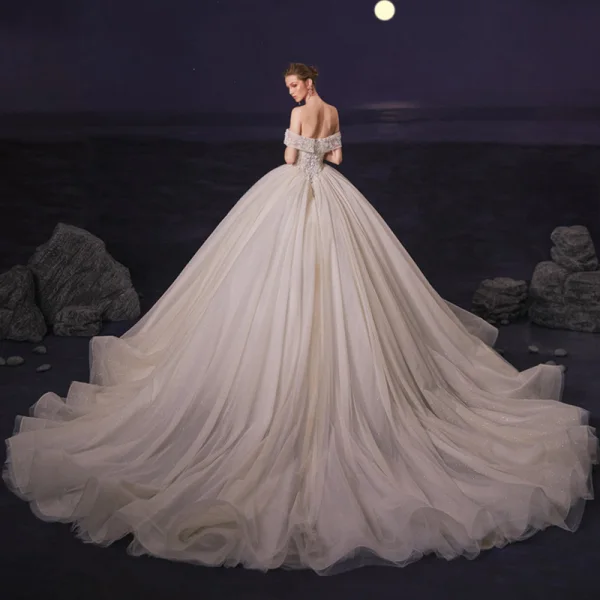 Luxury / Gorgeous Champagne Bridal Wedding Dresses 2020 Ball Gown Off-The-Shoulder Short Sleeve Backless Beading Glitter Tulle Chapel Train Ruffle