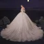 Luxury / Gorgeous Champagne Bridal Wedding Dresses 2020 Ball Gown Off-The-Shoulder Short Sleeve Backless Beading Glitter Tulle Chapel Train Ruffle