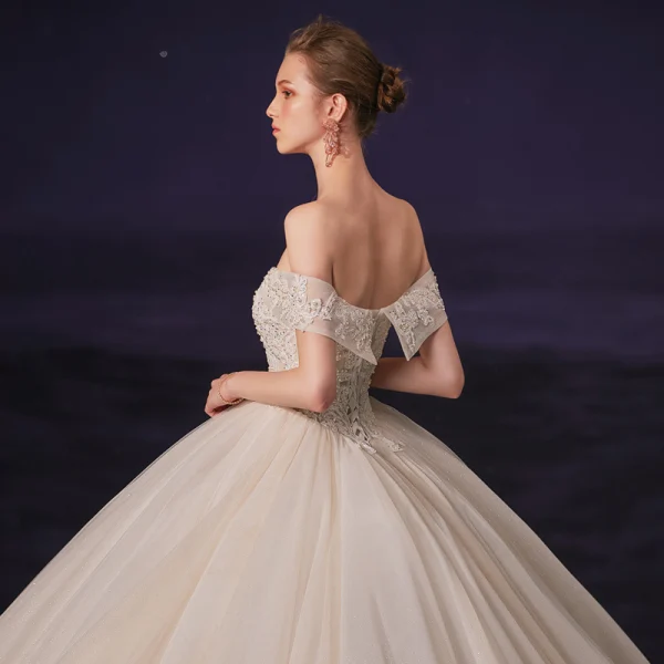 Luxury / Gorgeous Champagne Bridal Wedding Dresses 2020 Ball Gown Off-The-Shoulder Short Sleeve Backless Beading Glitter Tulle Chapel Train Ruffle