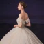 Luxury / Gorgeous Champagne Bridal Wedding Dresses 2020 Ball Gown Off-The-Shoulder Short Sleeve Backless Beading Glitter Tulle Chapel Train Ruffle