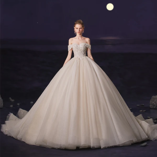Luxury / Gorgeous Champagne Bridal Wedding Dresses 2020 Ball Gown Off-The-Shoulder Short Sleeve Backless Beading Glitter Tulle Chapel Train Ruffle